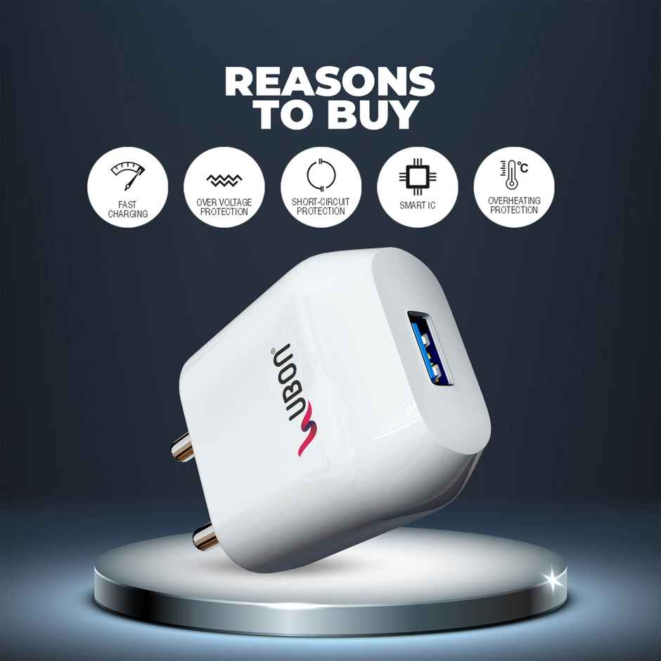 UBON 15W 3A Fast Charger | USB to Type C | Type-C Cable Included | White