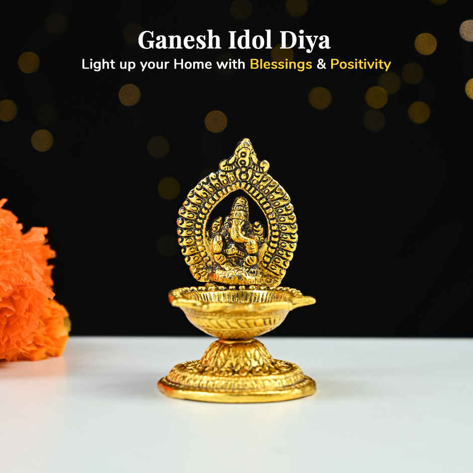 HINDCRAFT Ganesha Brass Diya | Diwali Oil Lamp for Pooja, Home Decor & Festive Gifts