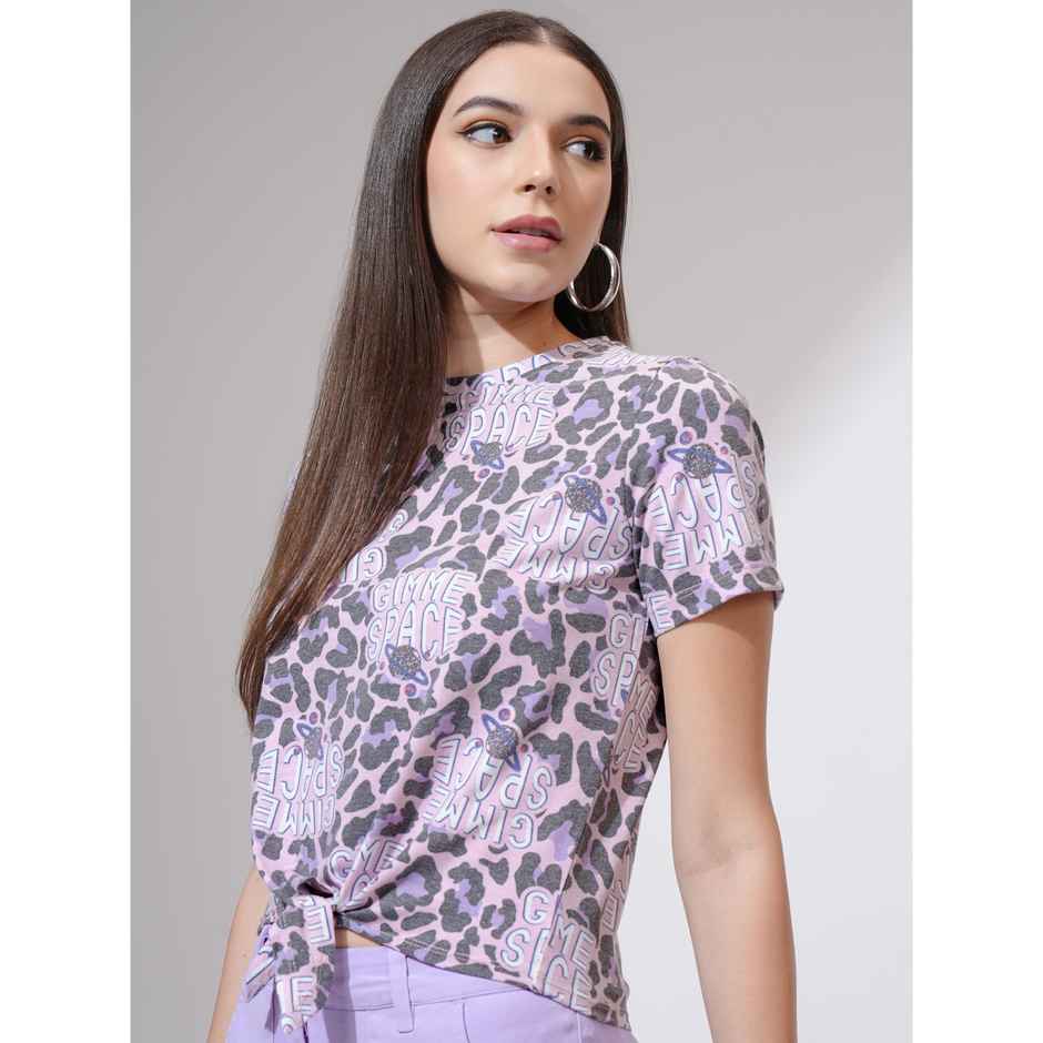 Tokyo Talkies Women's Printed Cropped Front Tie Up T-shirt | Multicolour - L