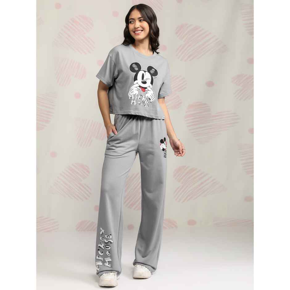 Tokyo Talkies Women's Disney Mickey Mouse Printed Sleepwear Co-ord Set | Grey - L