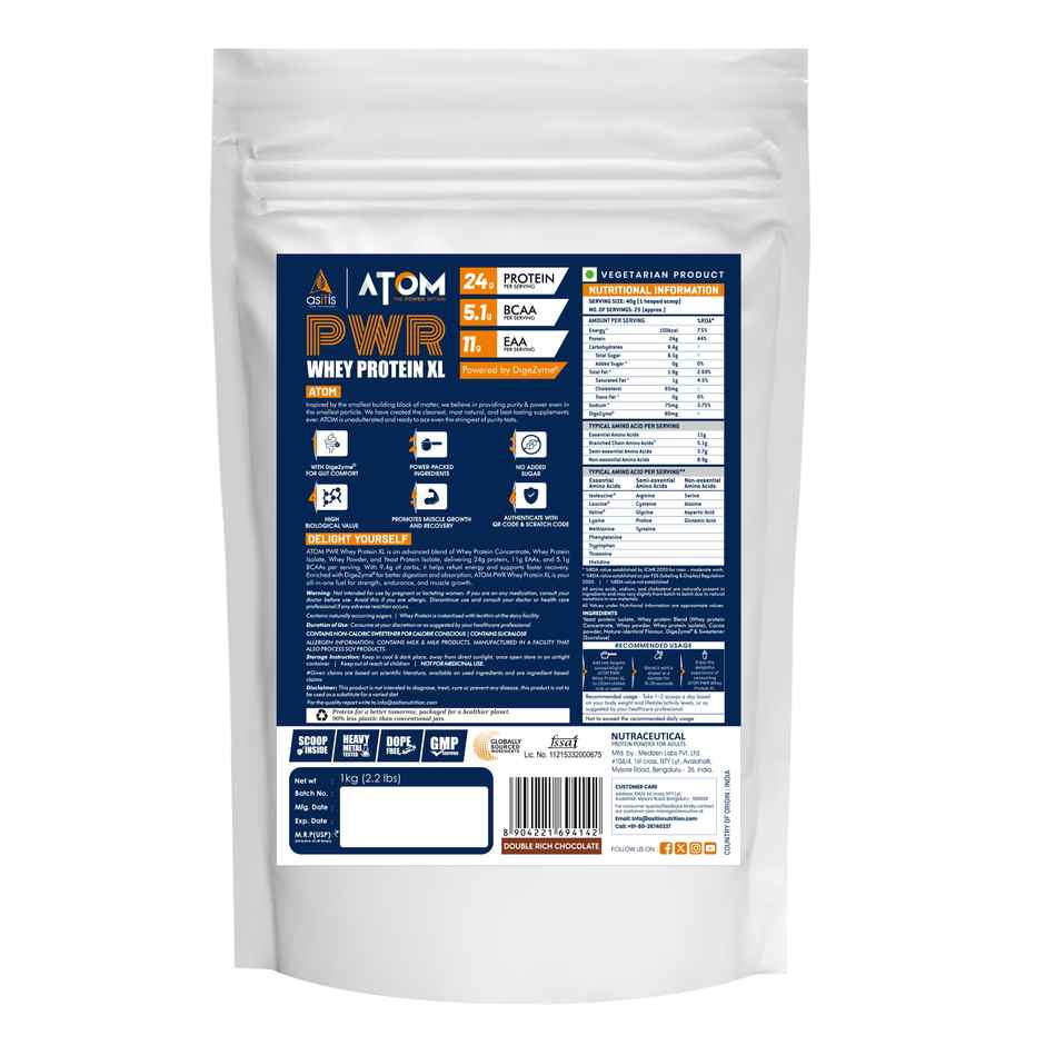 AS-IT-IS ATOM PWR Whey XL Protein Powder with DigeZyme 1kg | Double Rich Chocolate