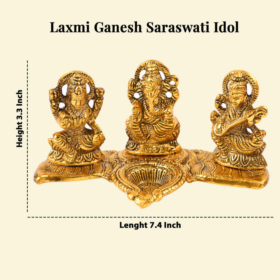 HINDCRAFT Laxmi Ganesh Saraswati Brass Diya | Diwali Decor & Pooja Gift for Home