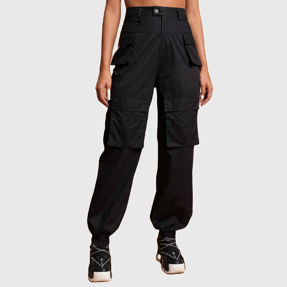 Tokyo Talkies Women's High-Rise Cotton Cargos | Black - 30