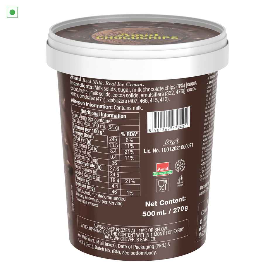 Amul Choco Chips Ice Cream Tub | Rich Chocolate Taste