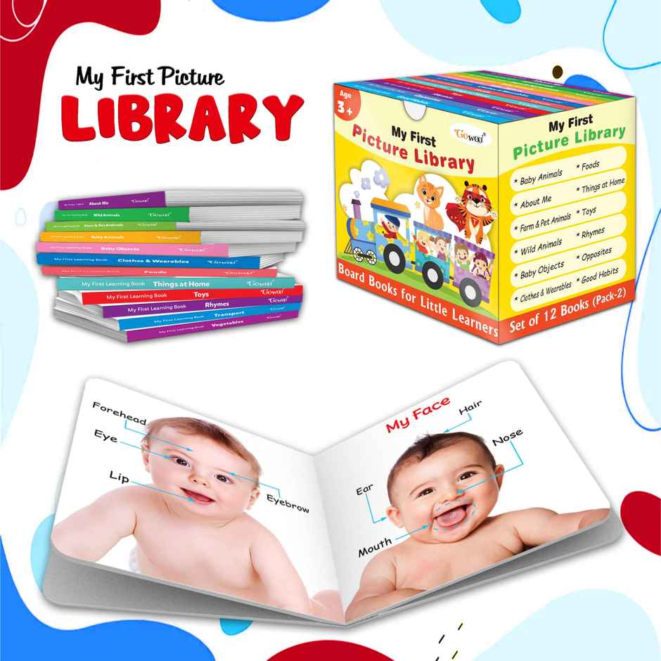 My First Picture Library Box of 12 | Pre-school Books-gift for Kids in Yellow -learning Board Books