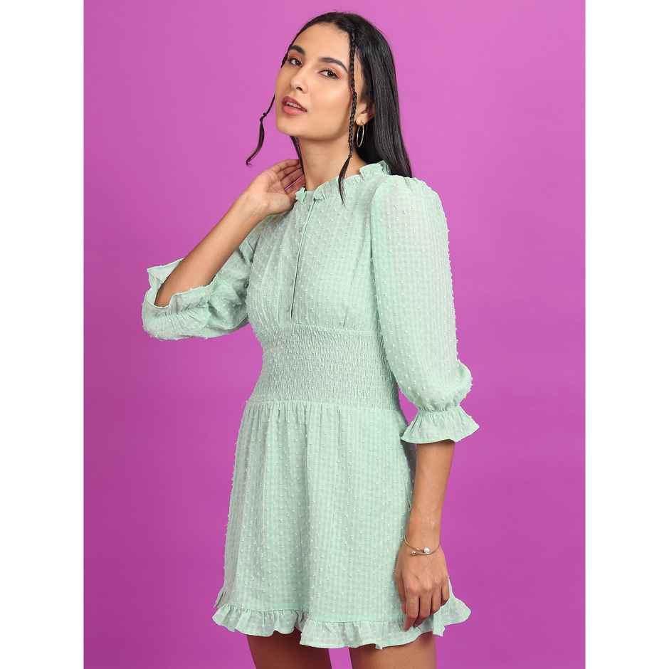 Tokyo Talkies Women's Self Design Smocked Puff Sleeves Fit and Flare Dress | Green - M