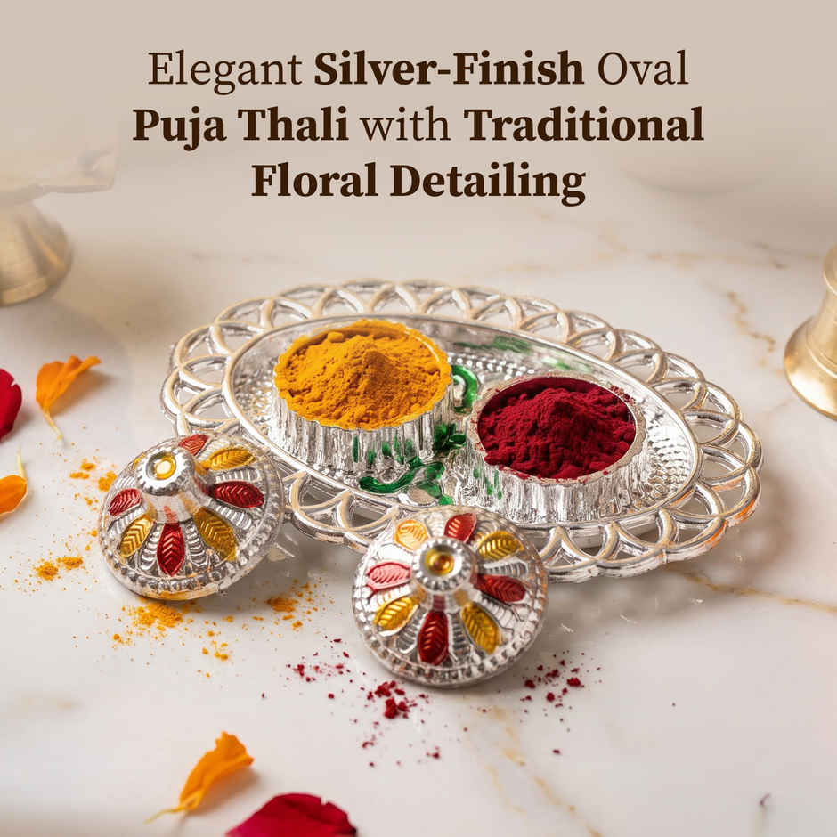 Silver Oval Shape Puja Thali for Rakhi, Pooja, Home Temple & Festive Decor | From House of Cycle
