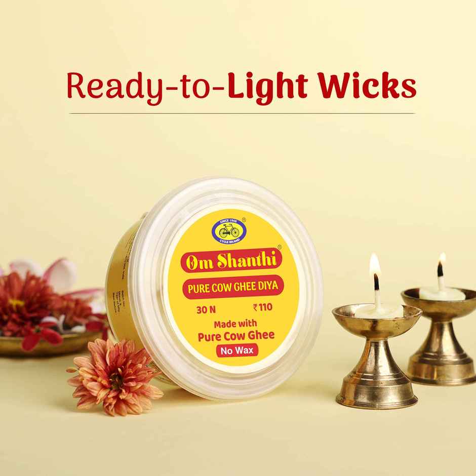 Om Shanthi Pure Cow Ghee Diya | Yellow | Traditional | Cotton | Pack of 30 | Diya-Pooja | Cycle