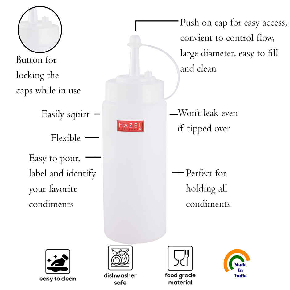 Hazel 610 ml Squeeze Bottle With Cap | Food Grade Plastic Sauce Bottle For Restaurants & Picnics