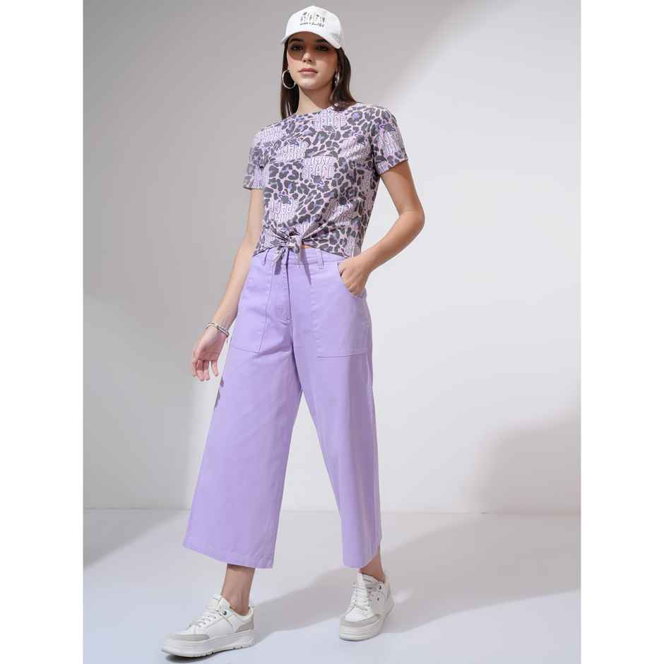 Tokyo Talkies Women's Printed Cropped Front Tie Up T-shirt | Multicolour - L