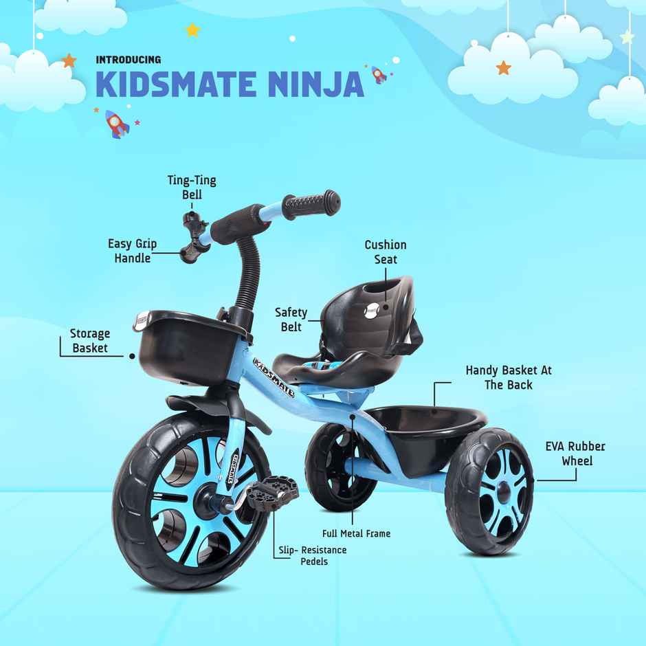 Kidsmate Ninja Plug-N-Play Tricycle with Basket & Seat Belt for Kids 1-4Y - Blue