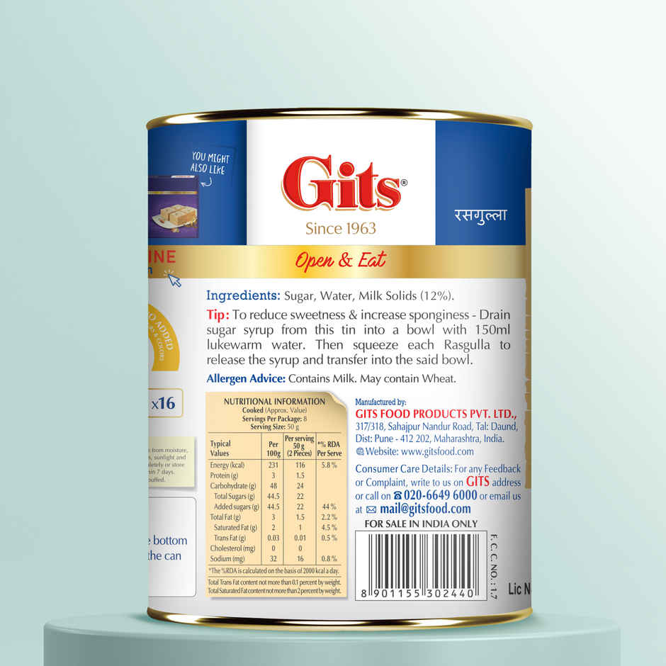 Gits Rasgulla Open & Eat Tin | Soft & Juicy