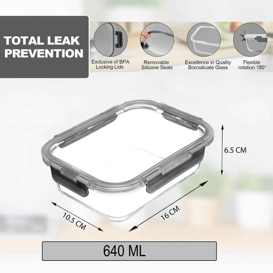 Cutting EDGE 640ml Borosilicate Glass Lunch Box | Detachable Lock Lid | Microwave Safe | Grey