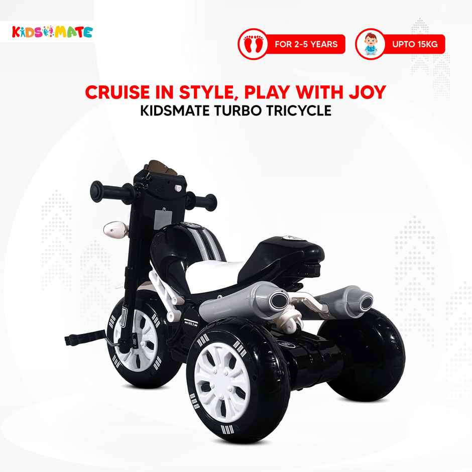 Kidsmate Turbo Pedal Tricycle with Musical Horn & Lights for Kids 3-6Y - Black/White