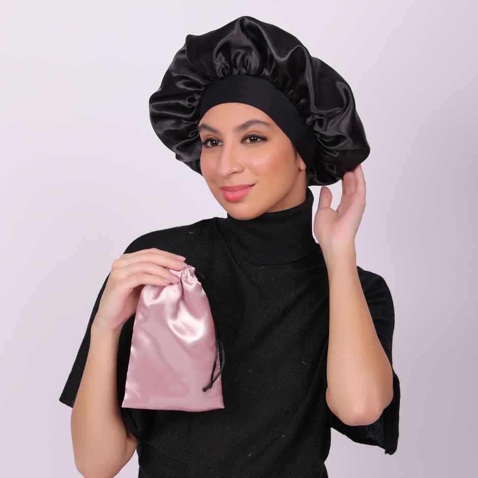 Matkooz Satin Wide Elastic Bonnet/Sleeping Cap A (Black)