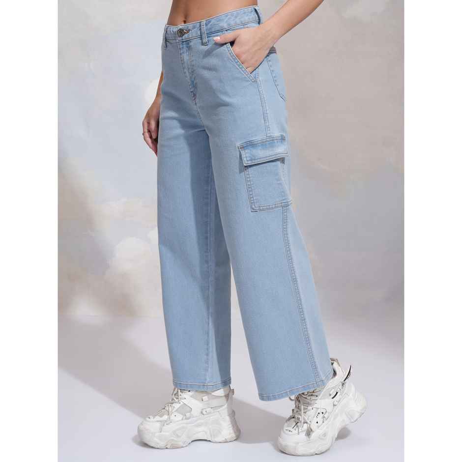 Tokyo Talkies Women's Wide Leg Cargo Jeans | Light Blue - M