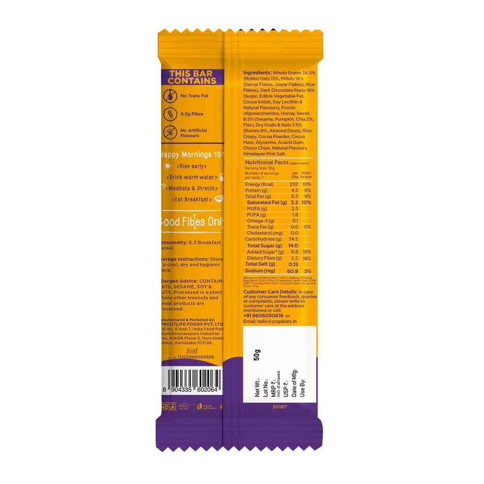 Yoga Bar Breakfast Protein Bar Dark Chocolate, 4g Protein, 17g Whole Grain, Fibre Rich, Millets,Oats