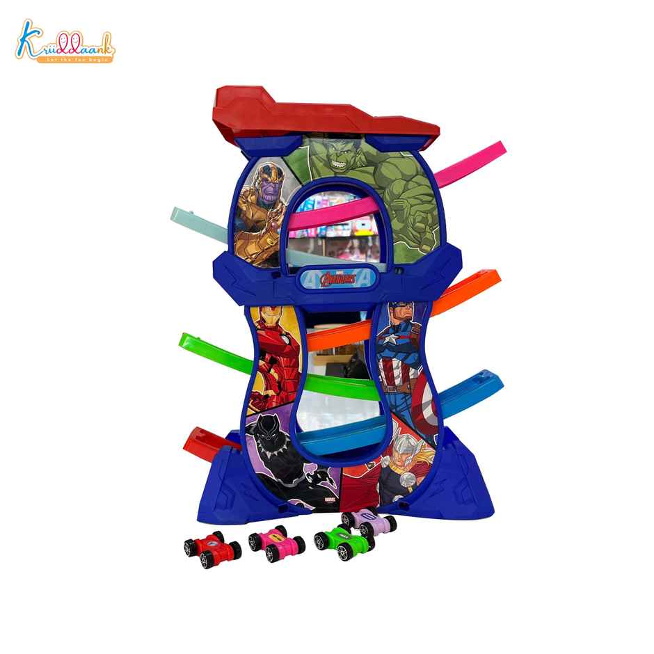 Kriiddaank Avengers Zig Zag Zoomer - Ramp Racer Car Track Set for Toddlers 15 Pieces 4 Mini Vehicles