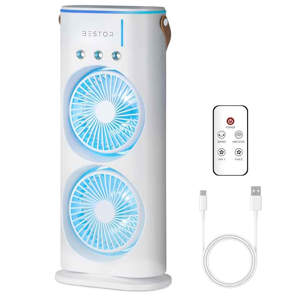 Bestor Portable Air Cooler with Mist Humidifier LED RGB Light Double Head Spray Cooling Fan
