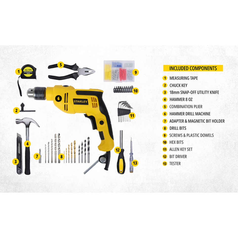 STANLEY SDH550KPA-IN 550W 13mm Corded Single Speed Hammer Drill Machine and Hand Tool Kit - 120 Pcs.