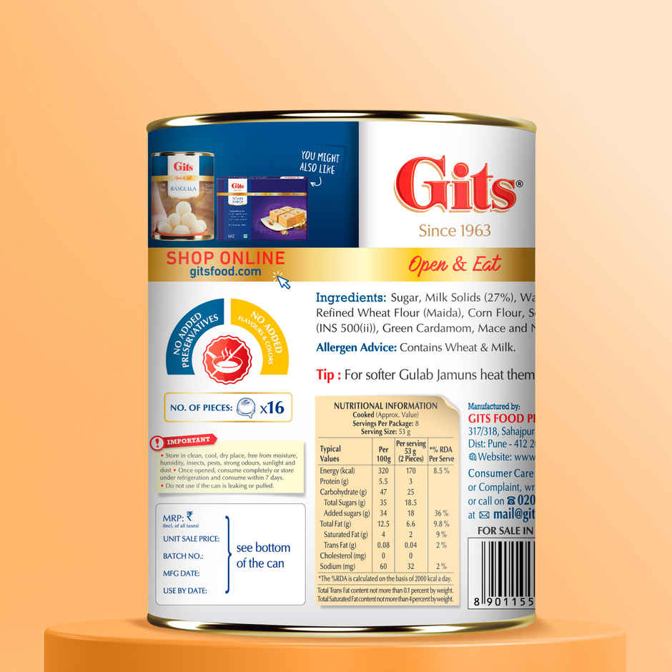 Gits Gulab Jamun Open & Eat Tin | Soft & Sweet