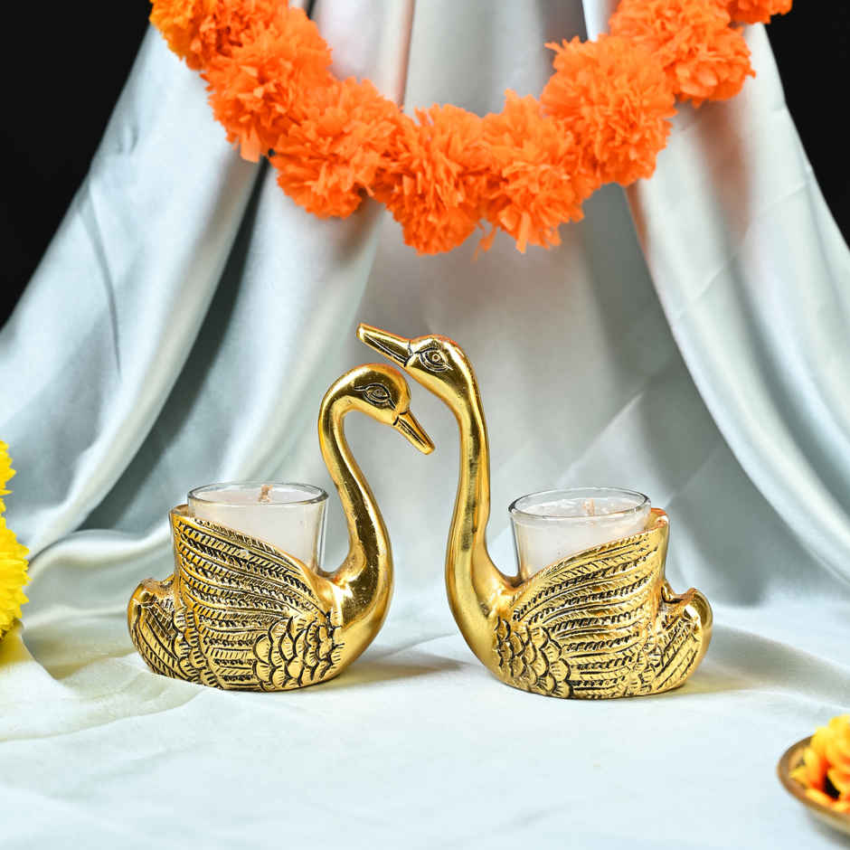 HINDCRAFT Pair of Golden Swan Candle Holders Tabletop Stand Gift for Love & Luck