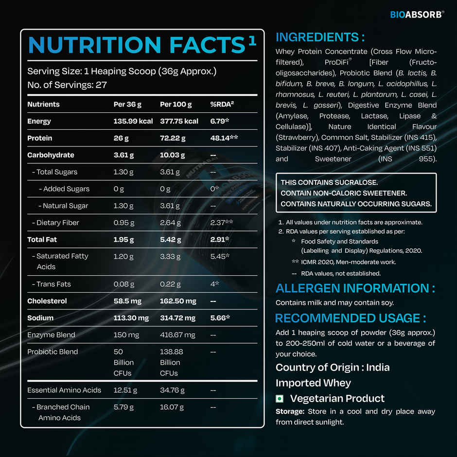 Nutrabay BioAbsorb Whey Protein Powder - Strawberry