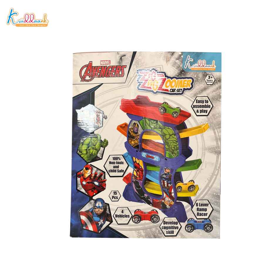 Kriiddaank Avengers Zig Zag Zoomer - Ramp Racer Car Track Set for Toddlers 15 Pieces 4 Mini Vehicles