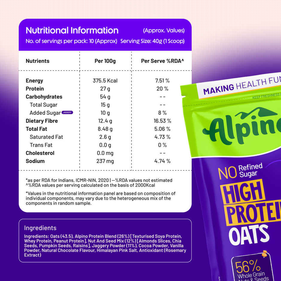 Alpino 25g High Protein Oats Dark Chocolate with Dry Fruit Nut & Seed Mix | No Refined Sugar & Salt