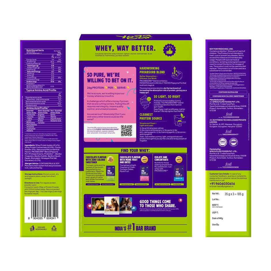 Yogabar Whey Protein Powder, Dark Chocolate, Zero Calorie Sweetener, 25g Protein/Serve