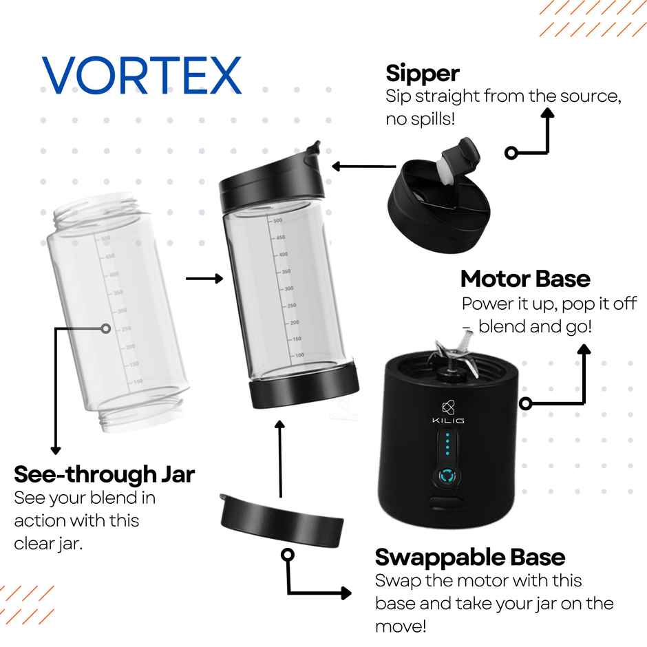Kilig Vortex Portable Blender | 530ml | 4000 mAh | 6 Sided Blade | 22000 RPM | Black