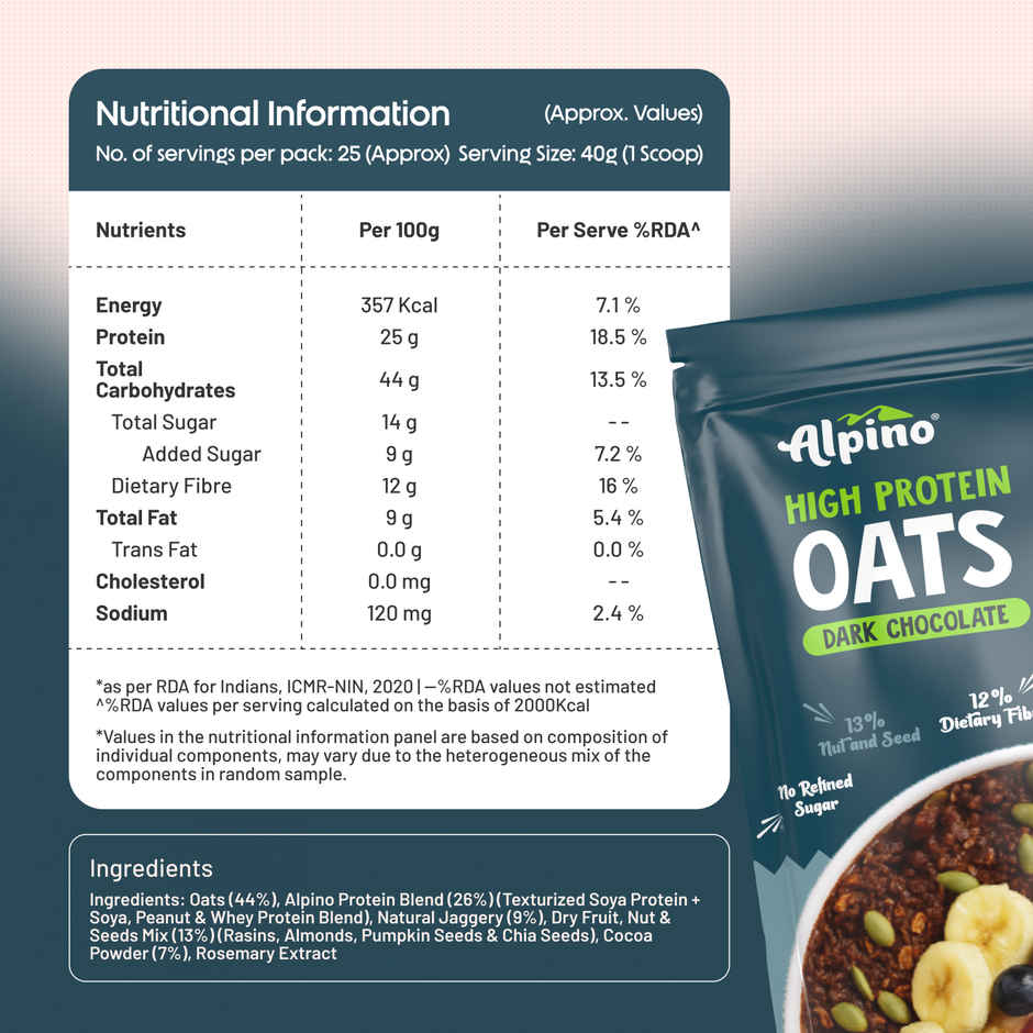 Alpino 25g High Protein Oats Dark Chocolate with Dry Fruit Nut & Seed Mix | No Refined Sugar & Salt