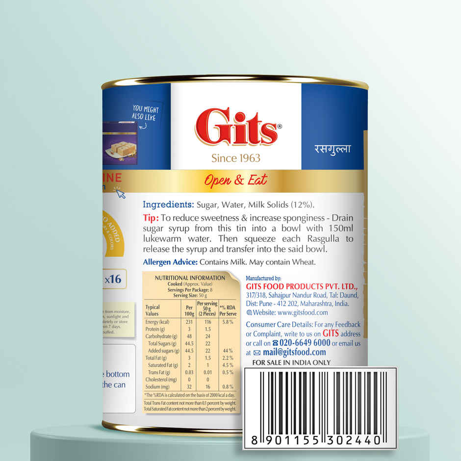 Gits Rasgulla Open & Eat Tin | Soft & Juicy