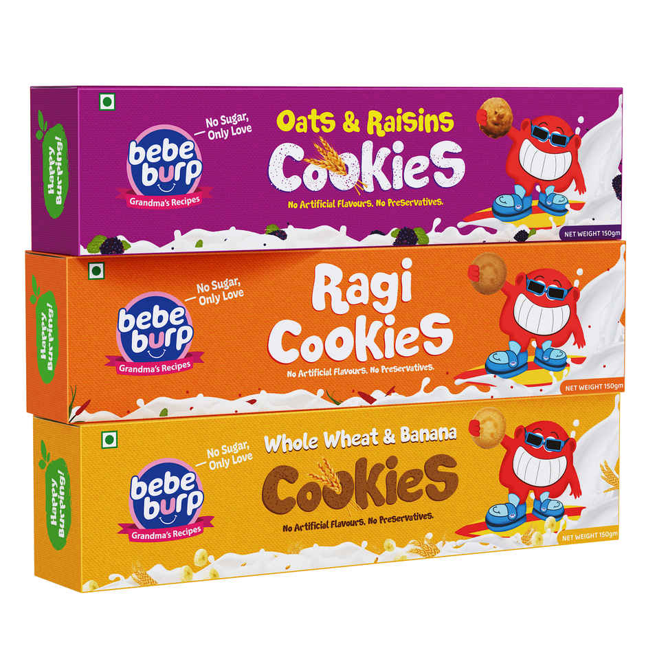 Bebe Burp Organic Baby Food Cookies Combo | Ragi,Whole Wheat,Oats Cookies | Pack of 3