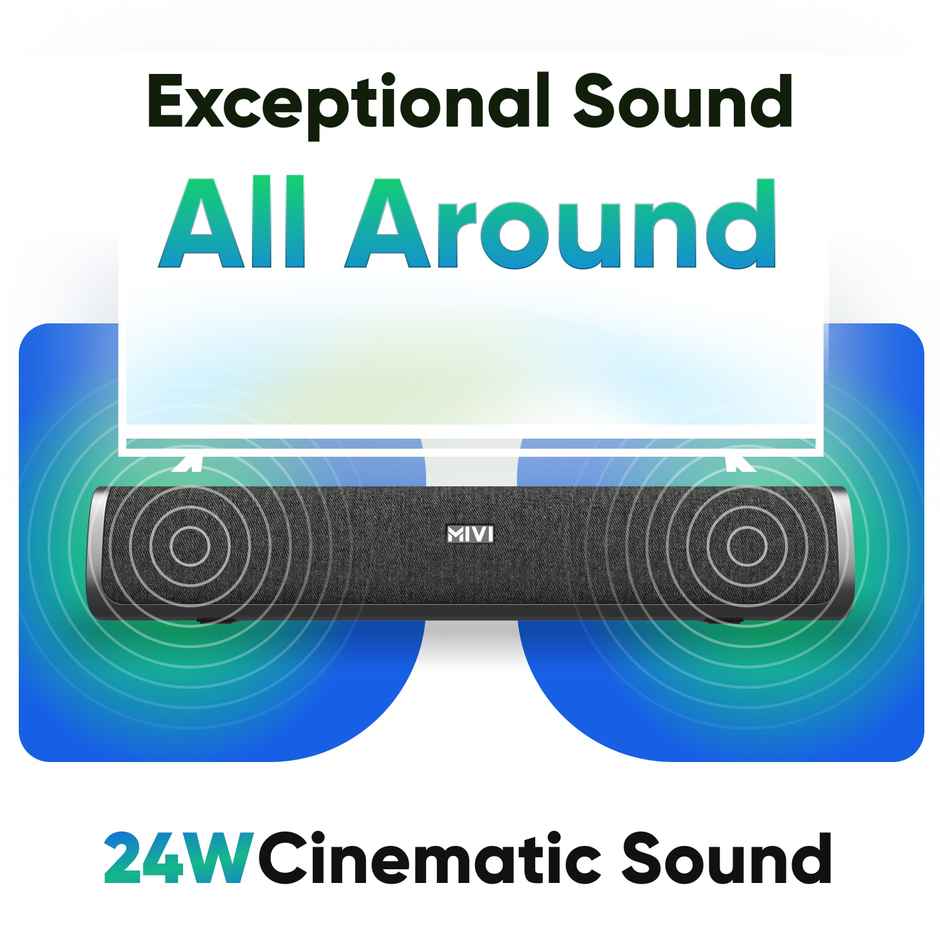 Mivi Fort S24 | FM Mode | 2 Full Range Drivers | 24W Bluetooth Soundbar | Black | 2.1 Channel