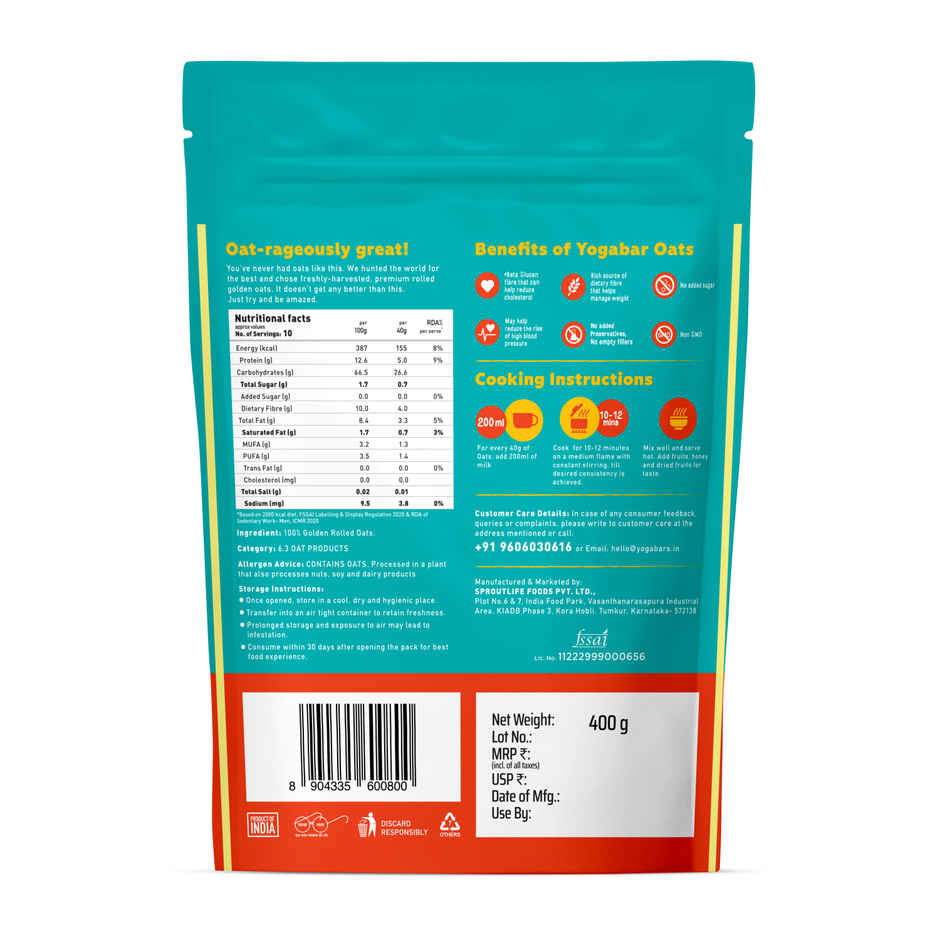 Yoga Bar  Rolled Oats 400g Pouch | Premium Golden Rolled Oats, Gluten Free Oats with High Fibre