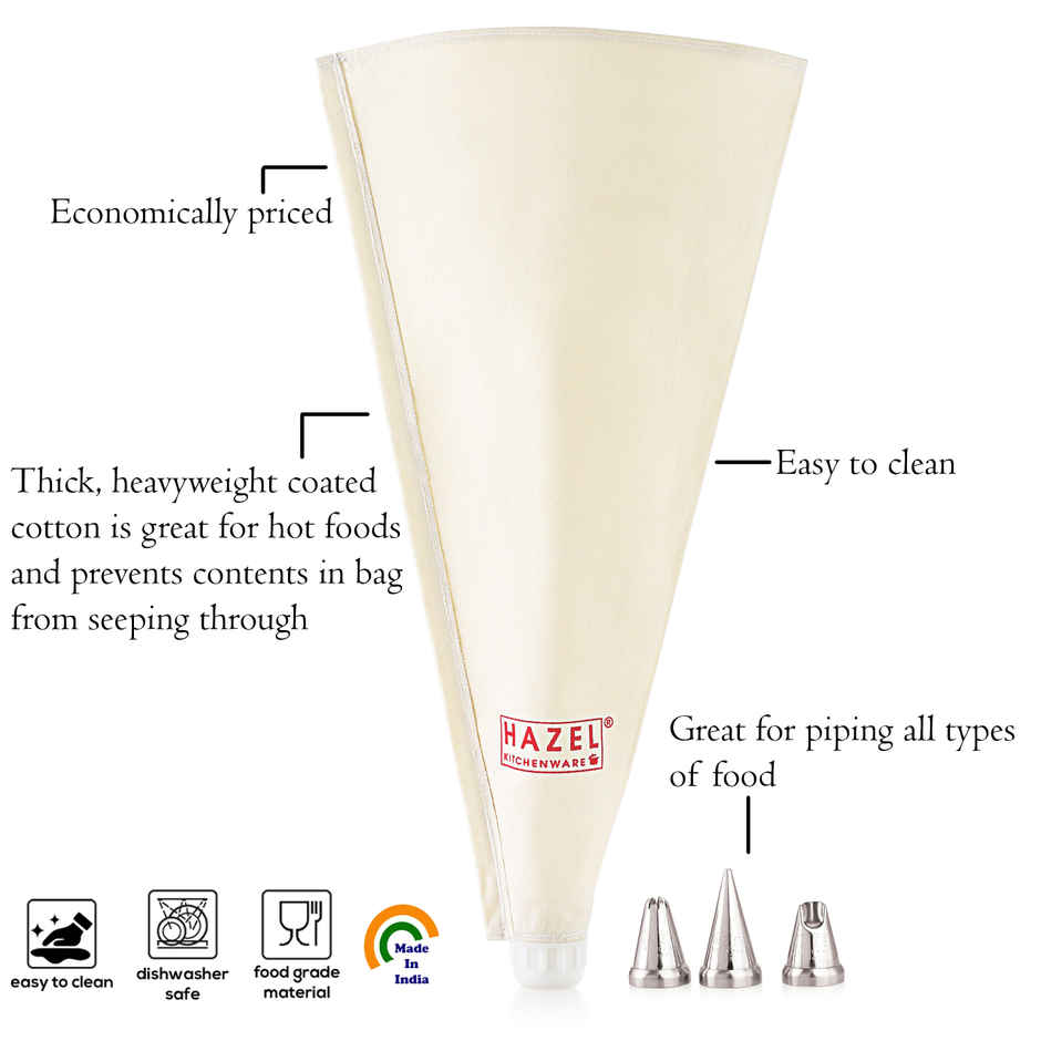 Hazel Piping Bags Set With 3 Nozzles, 25 Cm Reusable Cake Icing Bags, White