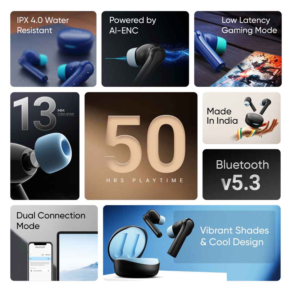 Mivi DuoPods D4 TWS | Rich Bass |50H Playtime | AI ENC | 13 mm | 5.3 BT | Blue | True Wireless