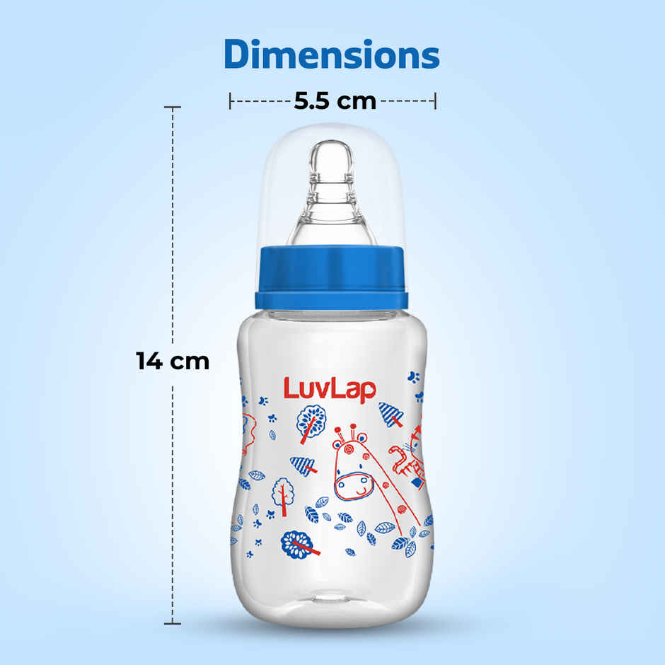 LuvLap Baby Essential Slim Neck Feeding Bottle | Jungle Tales with Anti Colic Nipple | Blue - 125 ml