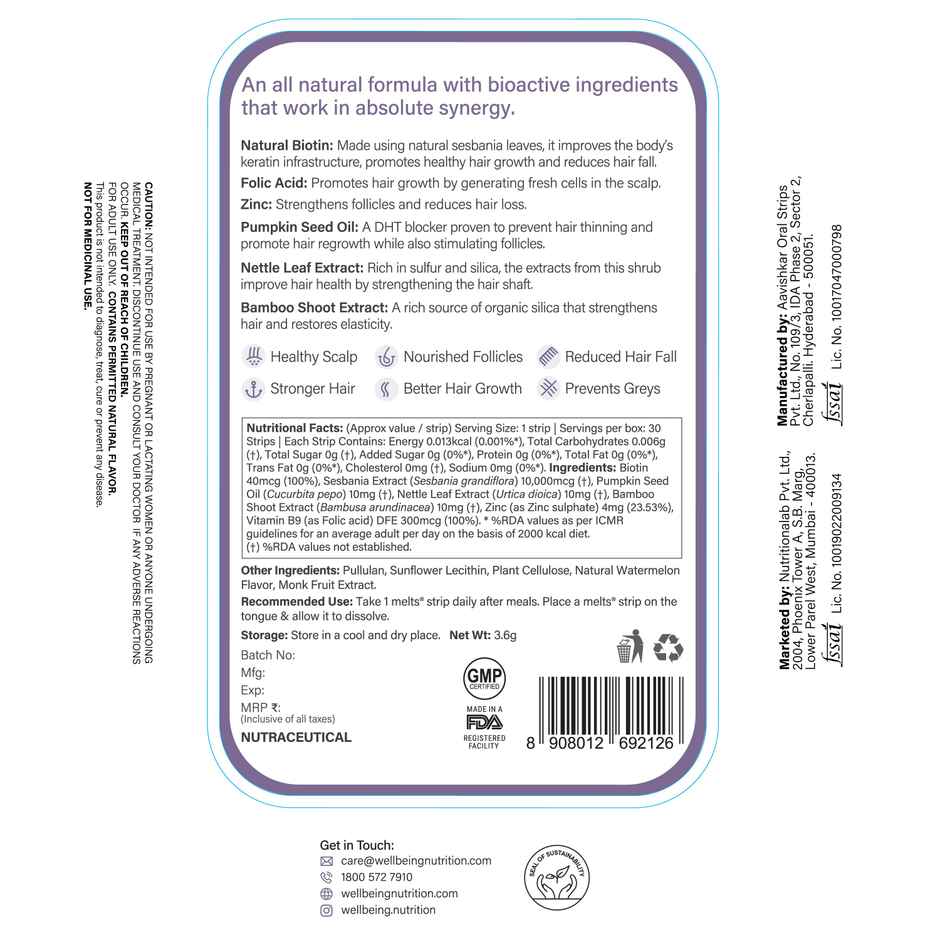 Wellbeing Nutrition Melts Healthy Hair with Plant Based Wholefood Biotin 10,000 mcg 30 Oral Strips