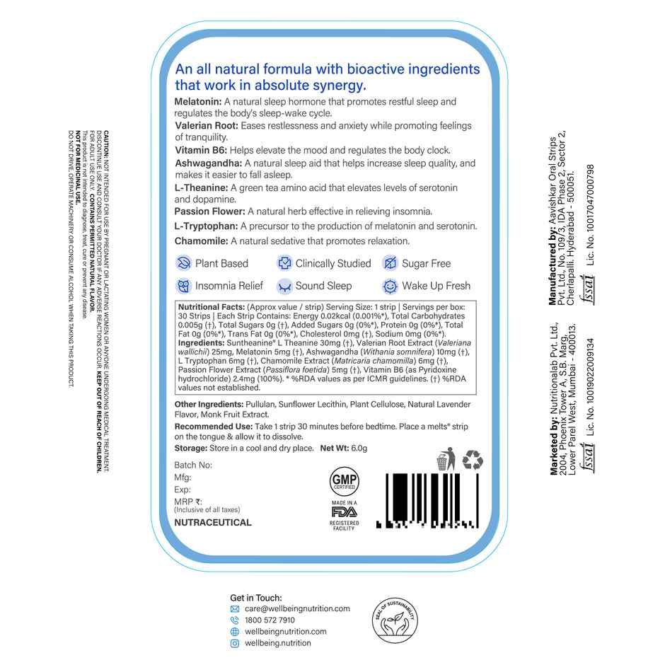 Wellbeing Nutrition Melts Restful Sleep Strips | Plant-Based Melatonin 5mg for Sleep 30 Strips