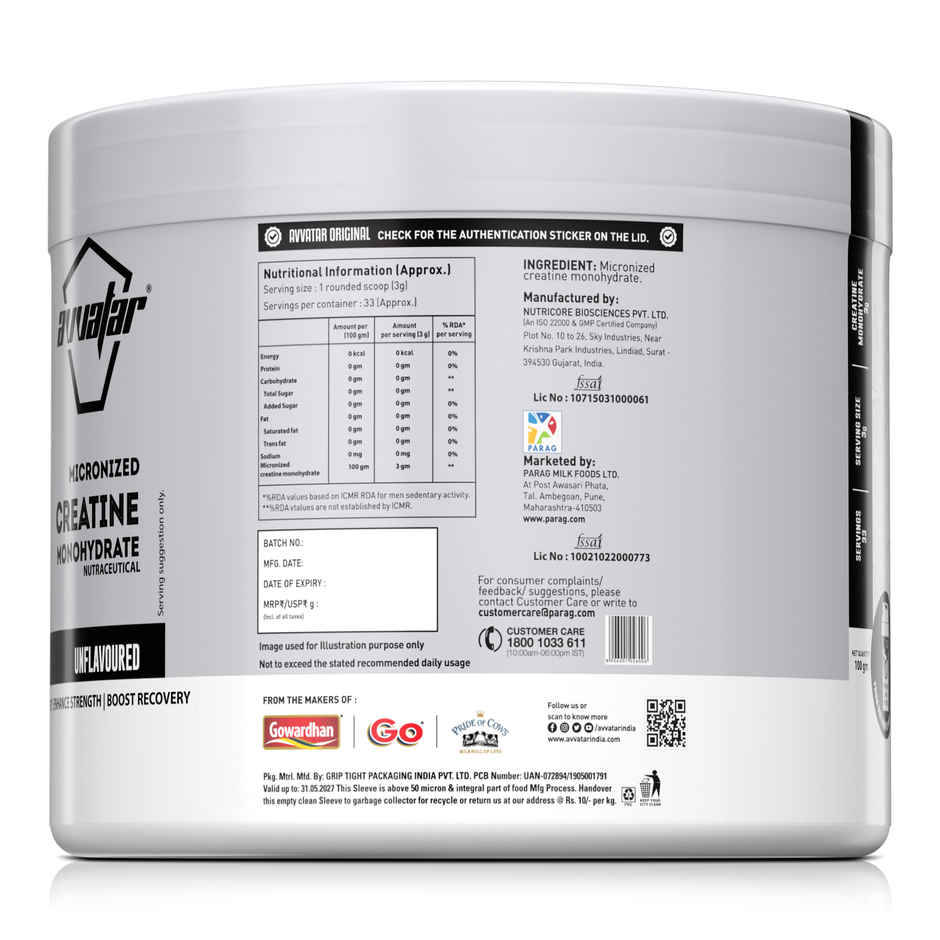 Avvatar Micronised Creatine Monohydrate Powder Unflavoured