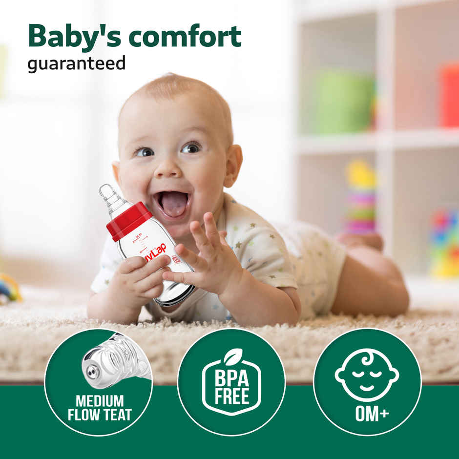 LuvLap Essential Slim Neck Glass Feeding Bottle | 0m Babies Upto 3 Years White and Red | 125 ml