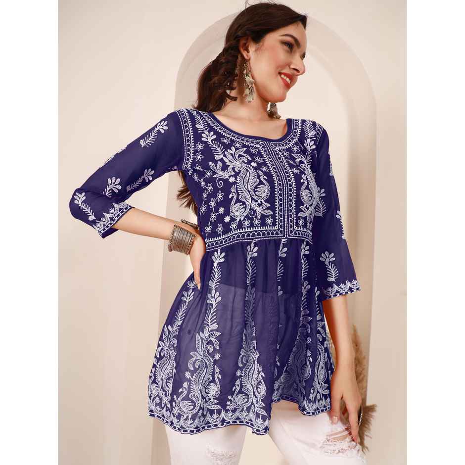 Youthnic Georgette Chikankari Embroidered Short Kurti For Women | T6 - Paaro - Navy - S