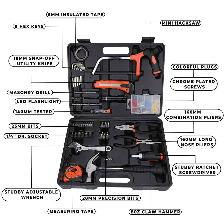 BLACK+DECKER BMT108C Hand Tool Kit for Home & DIY Use, 108-Piece, Orange and Black