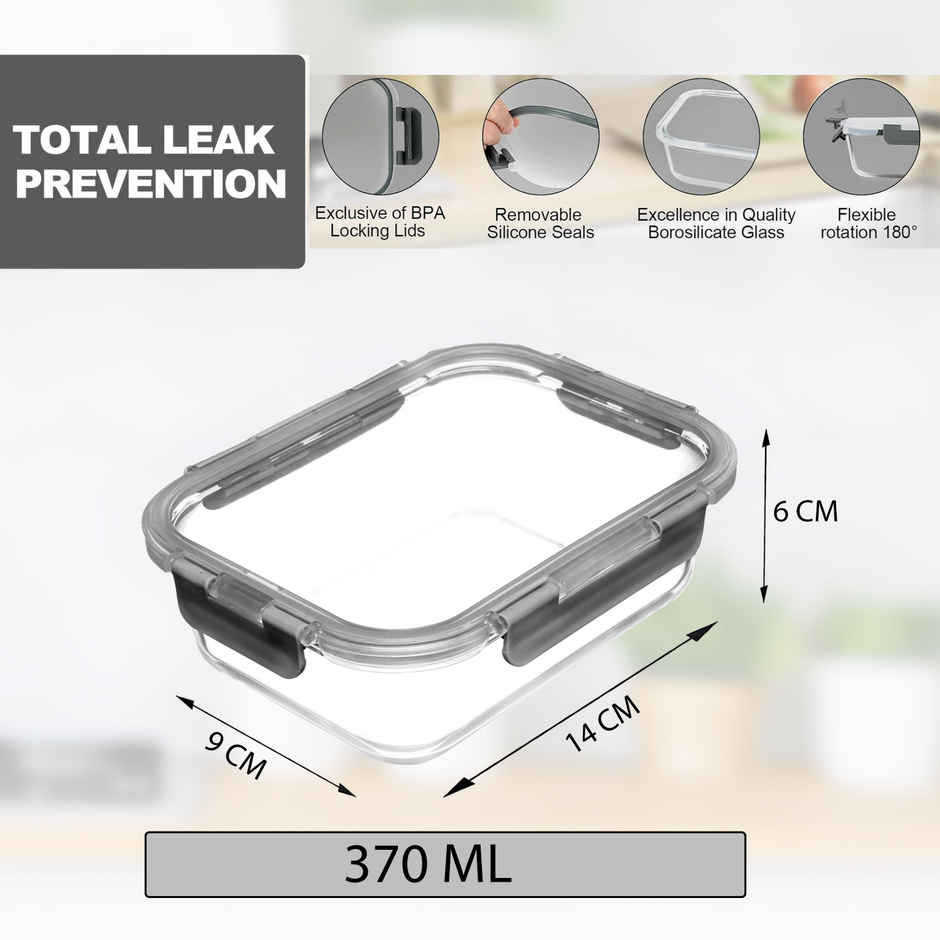 Cutting EDGE 370ml Borosilicate Glass Lunch Box|Set of 1 |Detachable Lock Lid |Microwave Safe |Grey