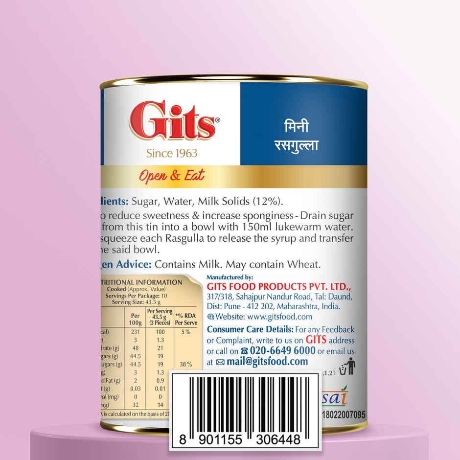 Gits MiNi Rasgulla Open & Eat Tin | Soft & Juicy