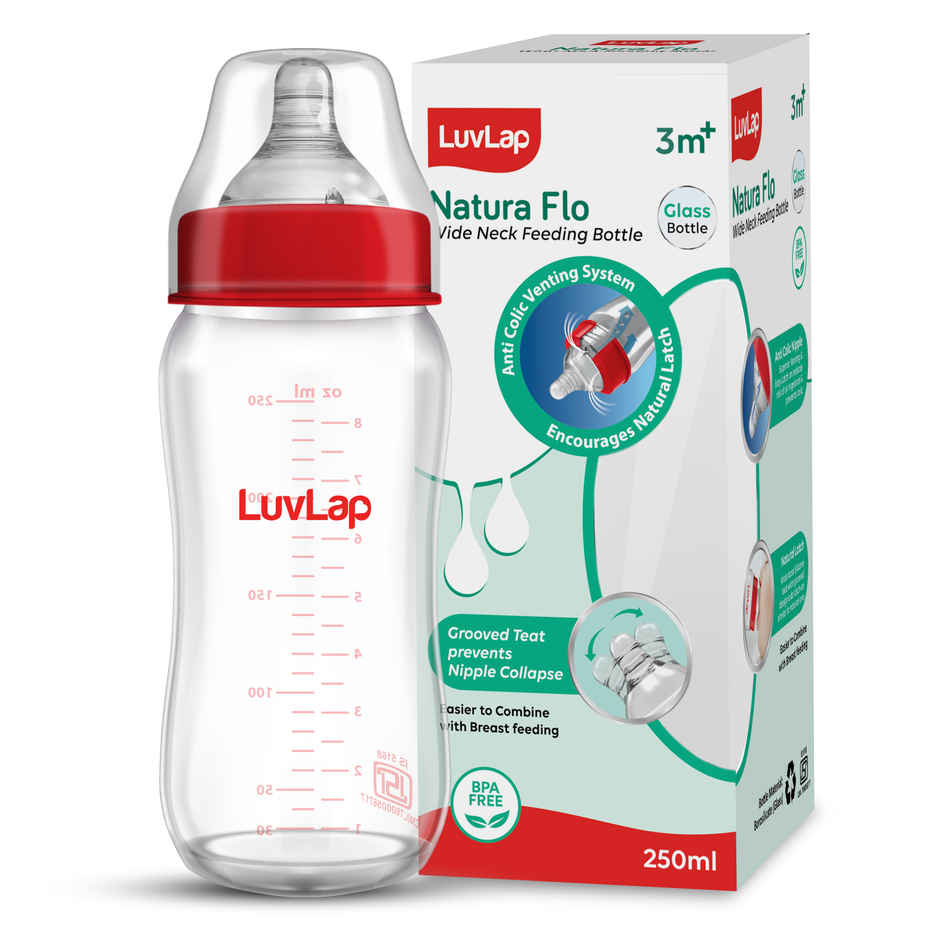 LuvLap Natura Flo Wide Neck Glass Feeding Bottle | Newborn Infants and Toddlers BPA Free | 250 ml
