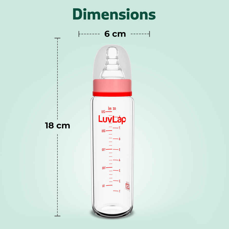 LuvLap Essential Slim Neck Glass Feeding Bottle | 3M Babies Upto 3 Years White and Red | 250 ml