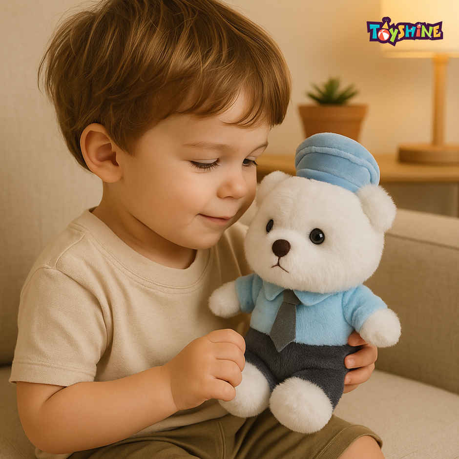 Spanker Teddy Soft Toy in Uniform | Cute Plush Bear for Kids Decor | White - 25 cm